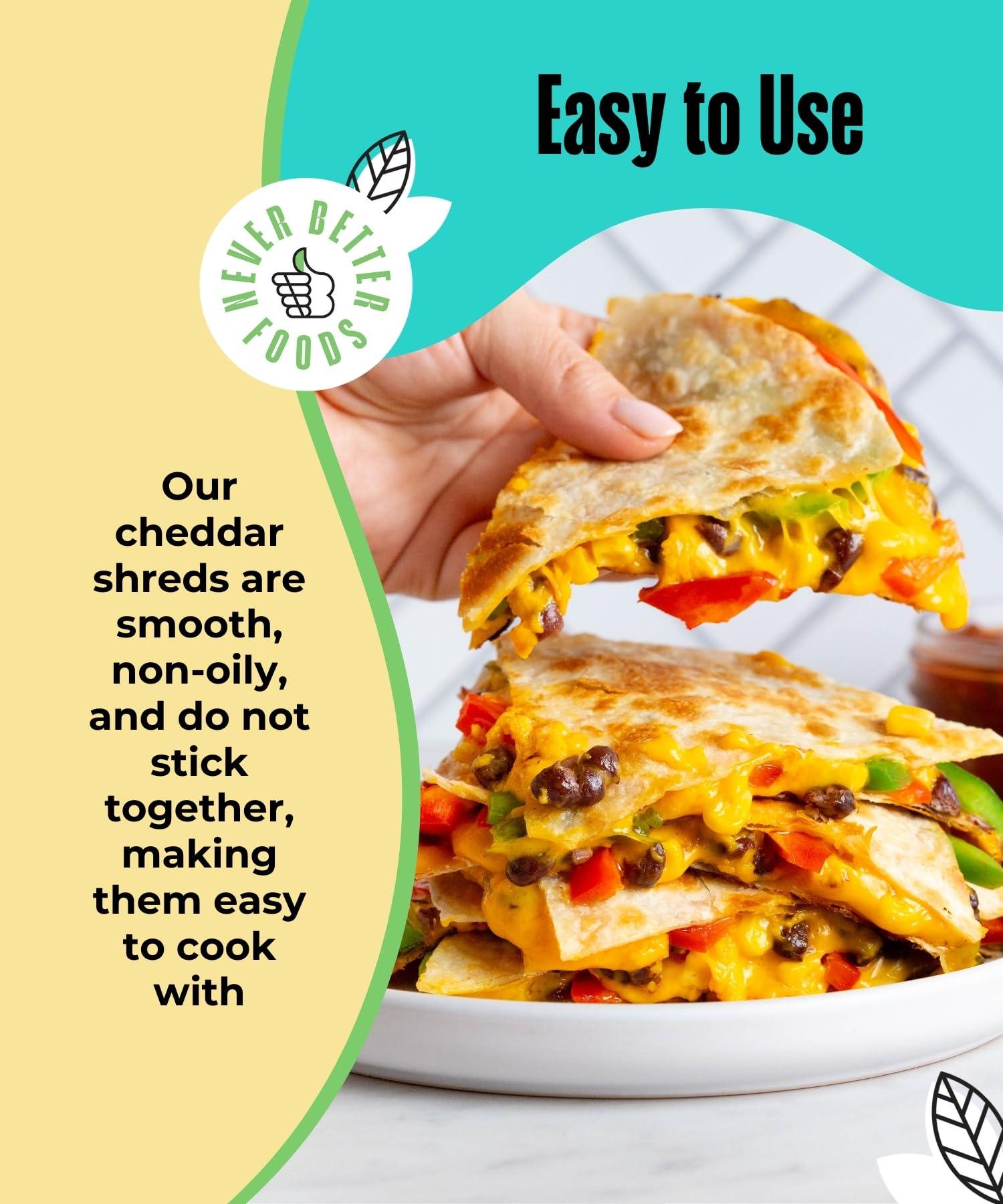 NEVER BETTER FOODS Vegan Cheese, Dairy Free Cheese, Plant Based Cheese with No Allergens, Healthy Vegan Cheddar Cheese, 2.5 LB Bag of Shredded Cheddar Cheese, Smooth and Non Oily Lactose Free Cheese