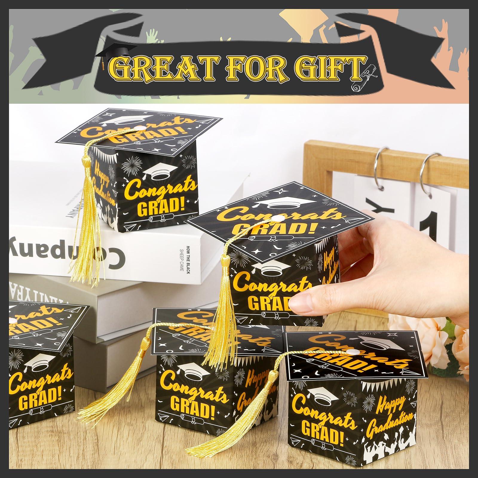 KPOSIYA KPOSIYA 32 Pcs Graduation Cap Gift Box 2.3 x 2.3 x 2.3 Inches Graduation Candy Box with Tassel Small Gift Box Treat Boxes Graduation Decorations Party Favor Boxes(Black)