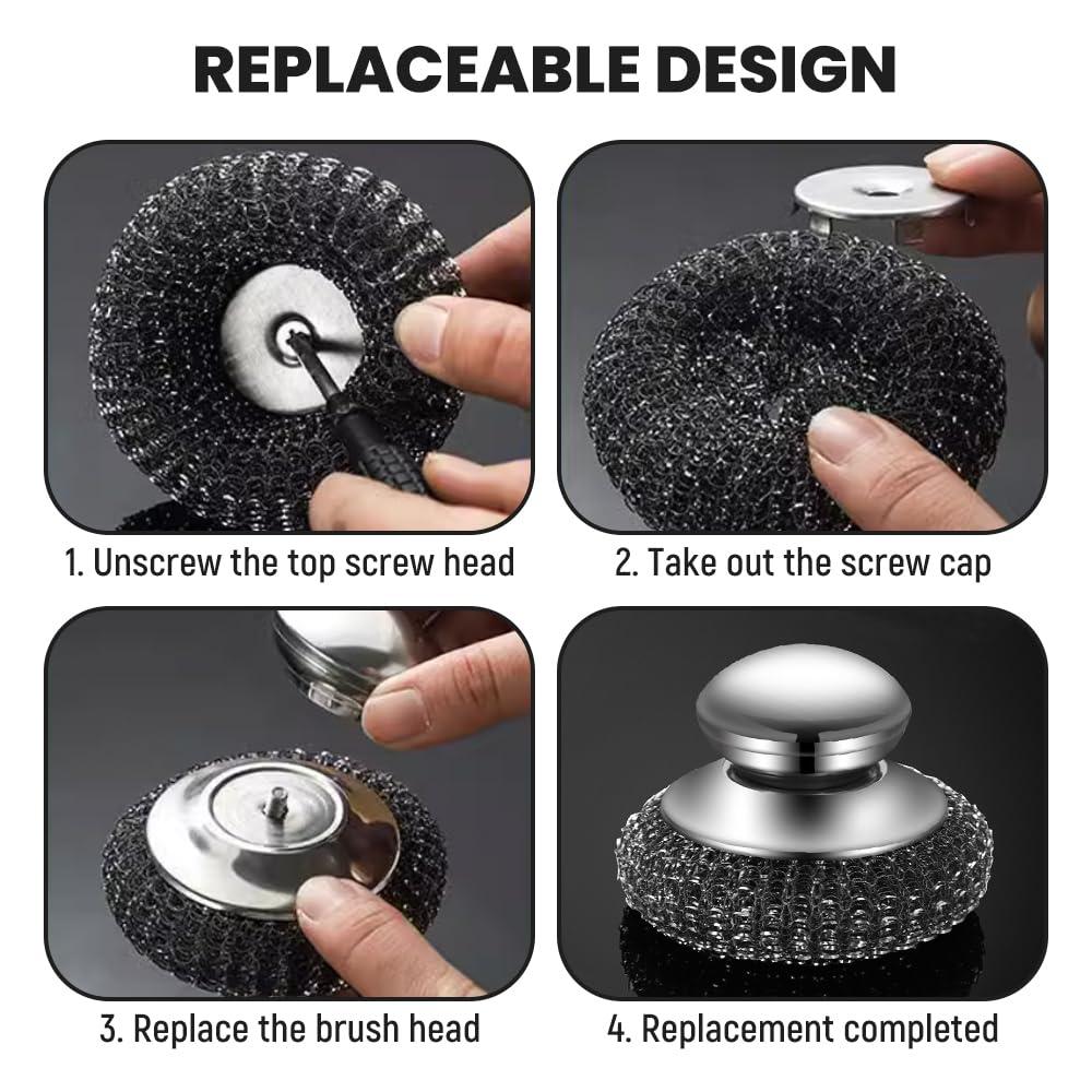 Cecurpo Steel Wool Scrubber, 2024 Upgraded Stainless Steel Wool Scrubber with Handle, Detachable Metal Steel Scrubber Wool Pads for Cleaning Dishes, Iron Pots, Stoves, Wash Sink (3)