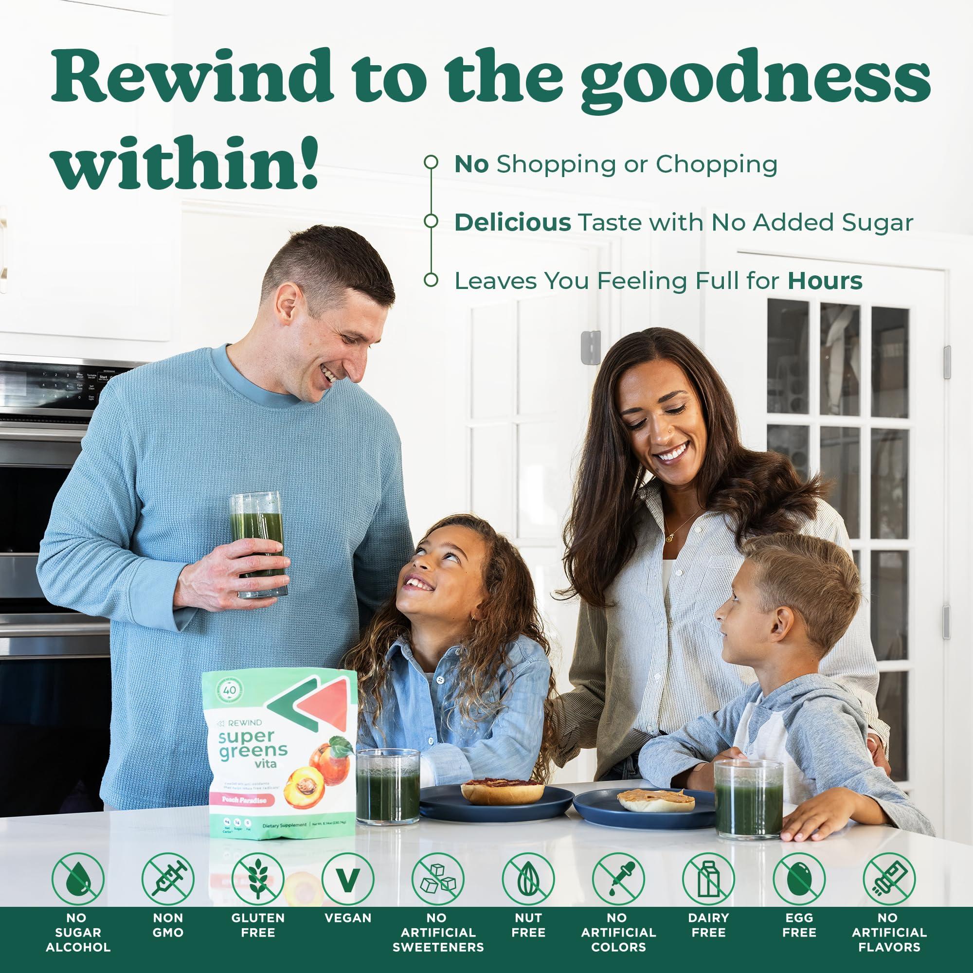Rewind Rewind Greens - Super Greens Powder - Delicious Green Juice Drink Mix with Amazing Flavor - Over 40 Superfoods - Vitamin B12, Zinc, Vitamin C, Magnesium, and Calcium - Pineapple Dream