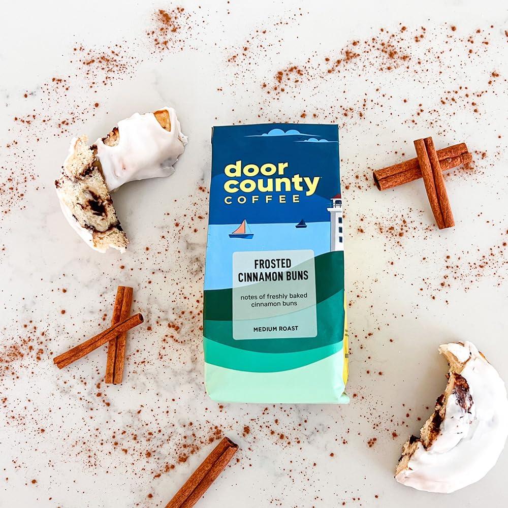 Door County Coffee & Tea Co. Door County Coffee Frosted Cinnamon Buns Flavored Coffee | 10oz Bag | Ground Coffee Medium Roast | 100% Arabica Coffee | Frosted Cinnamon Buns