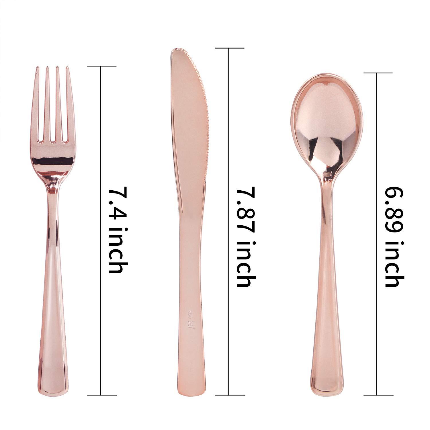 WDF WDF 60pcs Rose Gold Plastic Plates-Baroque White &Rose Gold Disposable Plates Rose Gold Plastic Silverware- Disposable Flatware Set