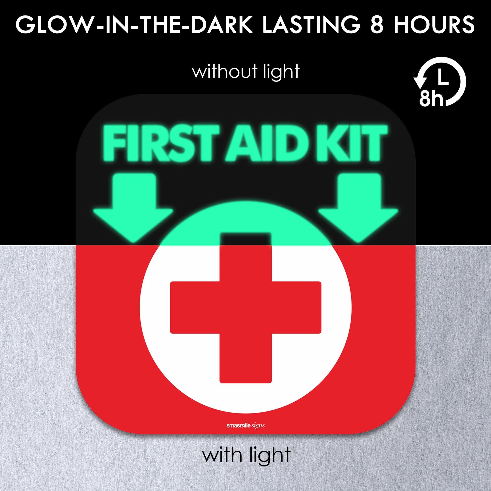 SMASMILE First Aid Kit Sign Glow in The Dark 4 Pack 6\"x 6\"First Aid Kit Inside Signs Stickers Photoluminescent, Glows for Up to 8 Hours