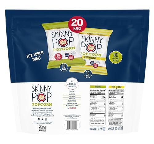 SkinnyPop SkinnyPop Variety Pack Original and White Cheddar Popcorn, Gluten Free, Vegan Popcorn, Non-GMO, Healthy Popcorn Snacks, Skinny Pop, 0.5oz Individually Sized Bag (20 Count)
