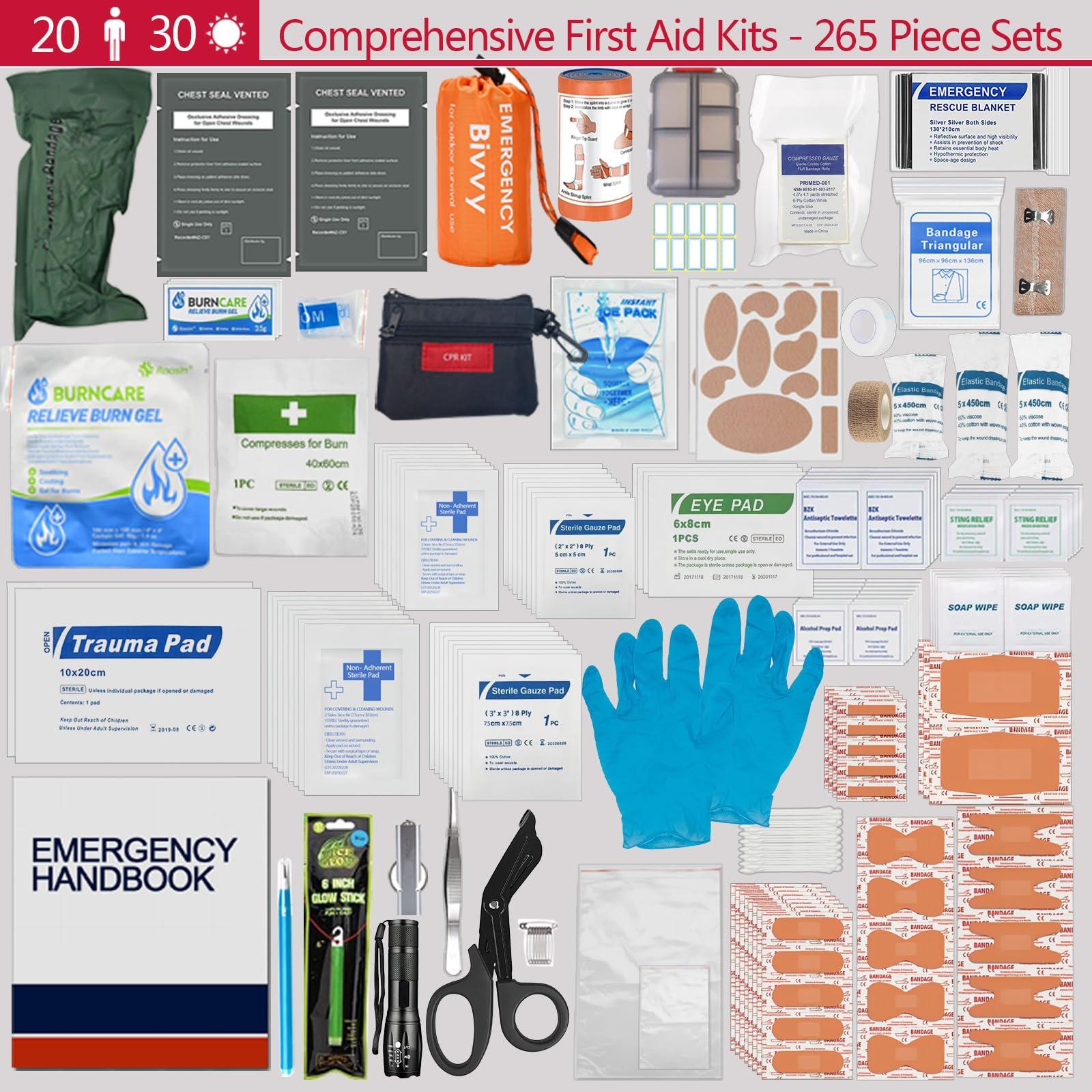 Besst Survivor Upgrade Comprehensive Premium First Aid Kit, Labeled Compartments Trauma Kits with Shoulder Strap, Large Emergencies Medical Kits for Home, Truck, Camping, Sports, Outdoor Emergencies -265 Piece Set