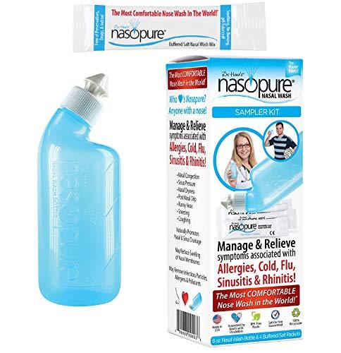 DR HANA'S NASOPURE Nasopure Nasal Wash, Sampler Kit, “The Nicer Neti Pot” Sinus Wash Kit, Comfortable Nasal Rinse 8 Oz Bottle & 4 Salt Packets (3.75 Grams Each), Nasal Congestion, Cold, Flu, Allergy, Nasal Irrigation