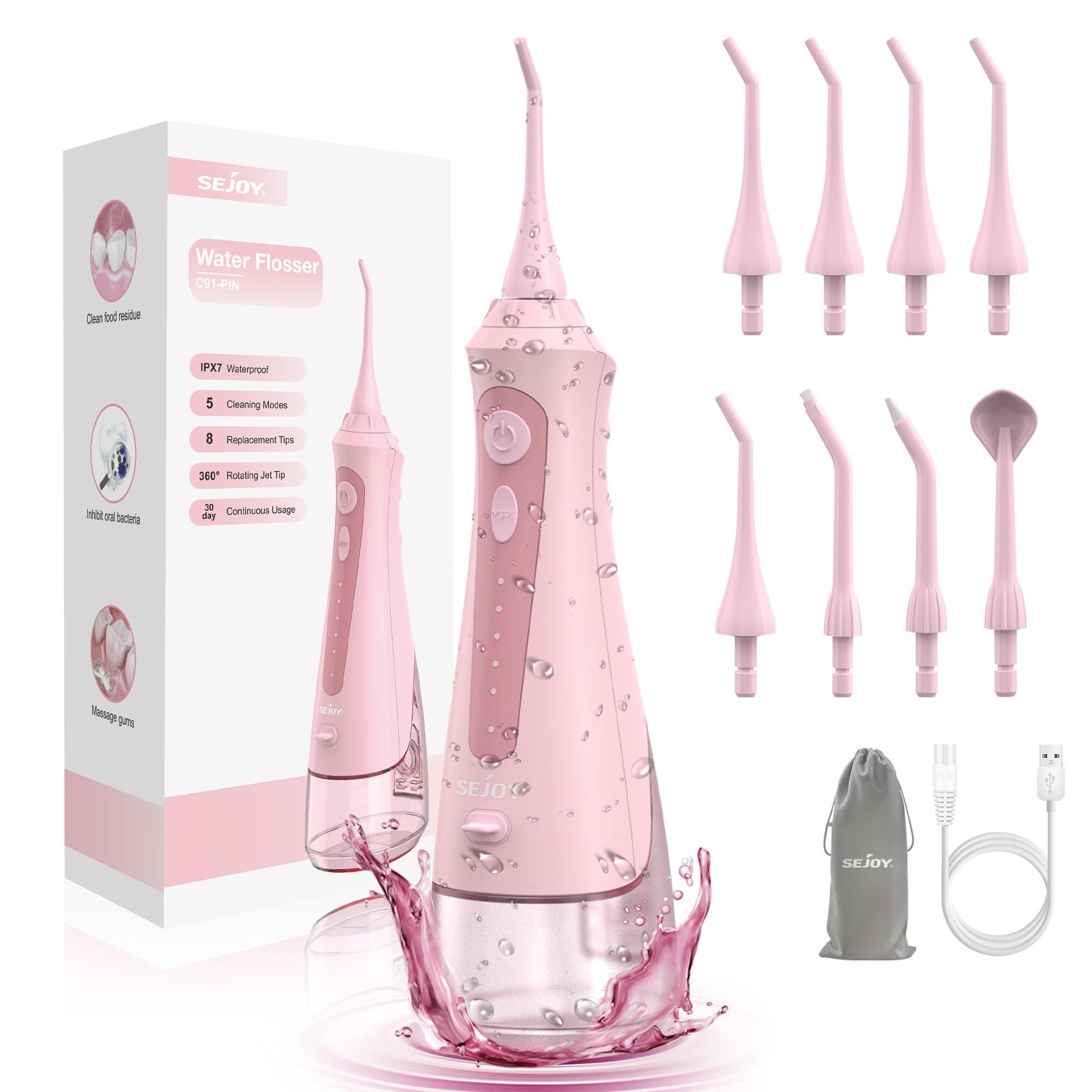 Sejoy Sejoy Water Flossers for Teeth Cleaning, Water Flosser for Teeth Rechargeable Cordless, Electric Portable, 5 Cleaning Modes 8 Jet Tips, IPX7 Waterproof, 230ml, for Travel and Home