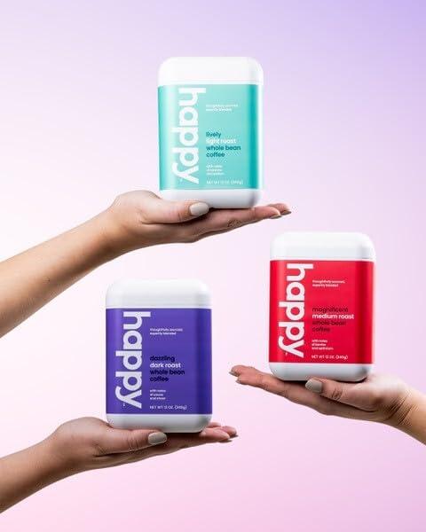 We are Happy, LLC happy coffee light roast whole bean coffee, 12 oz., notes of cashew & elation, recyclable container, grown & harvested in Colombia, Brazil & Guatemala