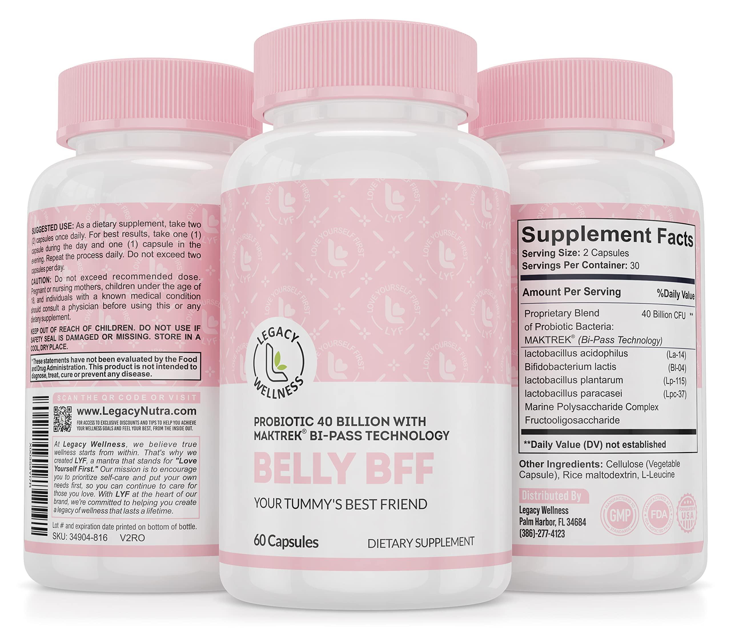 LegacyNutra BELLY BFF Probiotic Supplement - 40 Billion CFU Daily Gut Health Complex Support - Astragalus & Lactobacillus Acidophilus Digestive Health Probiotics for Women & Men - 60 Vegan Shelf Stable Capsules
