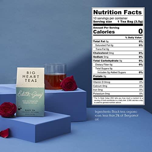 Big Heart Tea Co. Big Heart Tea Co. Tea Bags - Edith Grey - Direct Trade Malawi Caffeinated Black Tea in Zero Plastic Sachets with Small Batch Organic Whole Herbs - Red Rose, Bergamot Oil, 10 Tea Bags