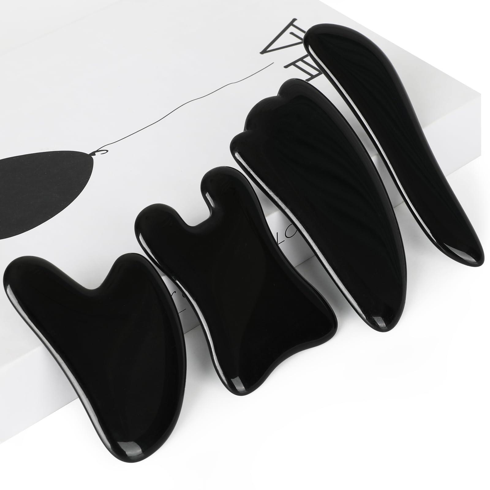 airogym airogym Guasha Massage ToolNatural Stone Gua Sha Board, 4PCS Guasha Stone Scraping Massage Sets for SPA Acupuncture Physical Therapy Muscle Knots Facial Caring Point Treatment (Black Stone)