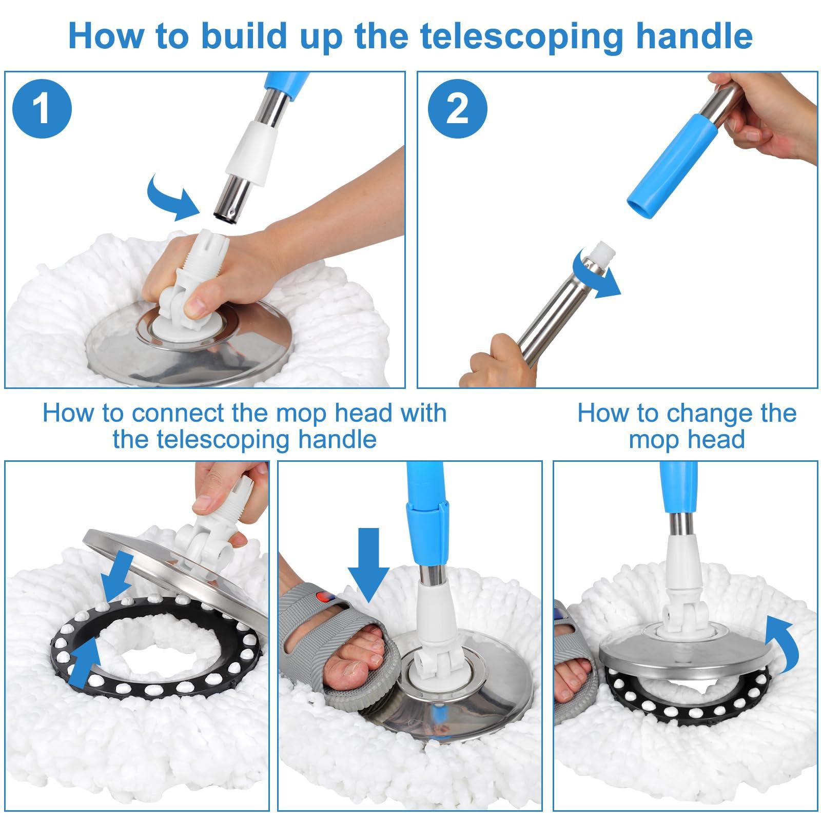 CooFel Spin Mop and Bucket with Wringer Set on Wheels, 360 Spinning Mop Bucket System with 3 Microfiber Mop Replacement Heads and 61\" Stainless Steel Adjustable Handle for Floor Cleaning (25QT)