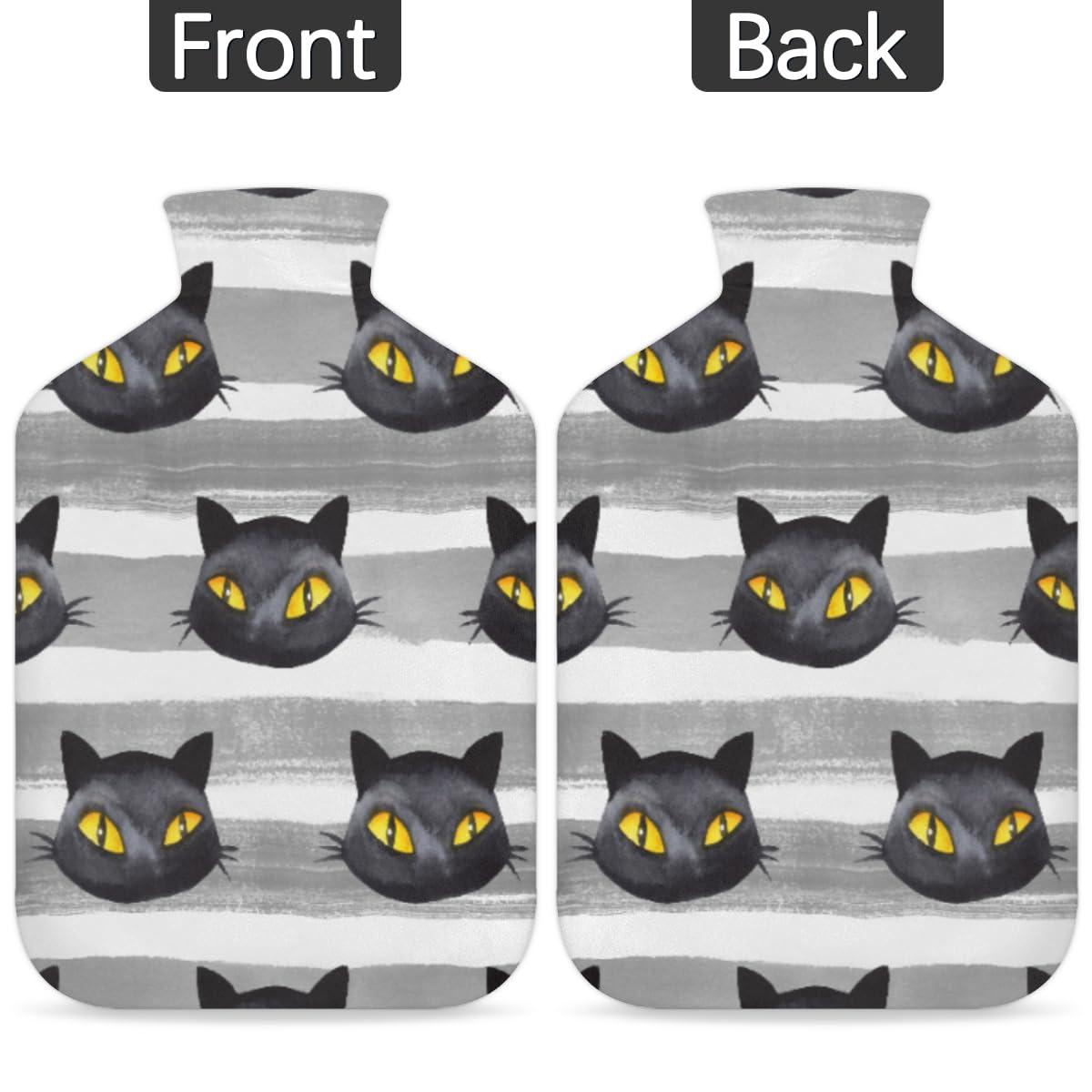 POFATO Halloween Black Cat Face Hot Water Bottle with Cover for Pain Relief Cramps, 2L Rubber Warm Hot Water Bags for Bed Hand Feet Belly Warmer, Hot or Cold Compress Water Bottle