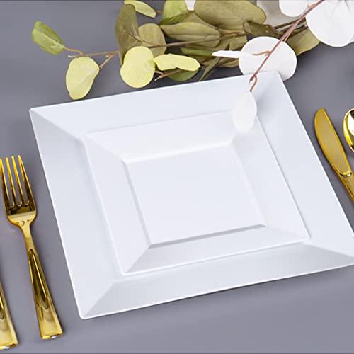 Goodluck Goodluck 100 Pack Disposable Square Plastic Plates, Heavy Duty 50pcs Dinner Plates 9.5\" and 50pcs Dessert Plates 6.5\", Fancy Disposable Plates for Wedding, Holiday Party, Birthday, White