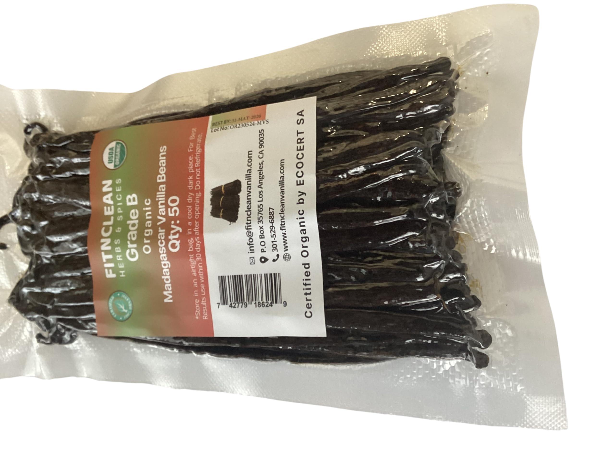 FITNCLEAN HERBS AND SPICES 50 Madagascar Organic Vanilla Beans Grade B. Certified USDA Organic. 5"-7" by FITNCLEAN VANILLA for extract, Cooking and Baking. Whole NON-GMO Bourbon Pods