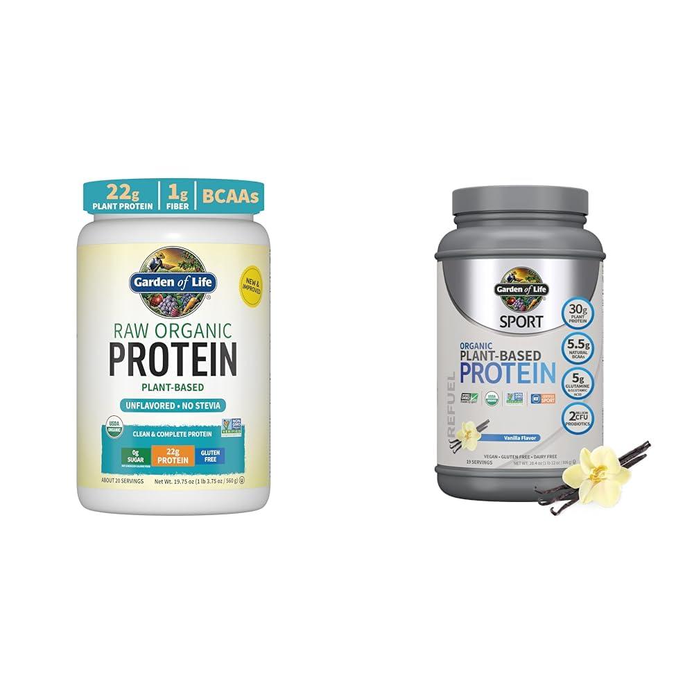 Garden of Life Garden of Life Organic Vegan Unflavored Protein Powder 22g Complete Plant Based Raw Protein & Organic Vegan Sport Protein Powder, Vanilla - Probiotics, BCAAs, 30g Plant Protein