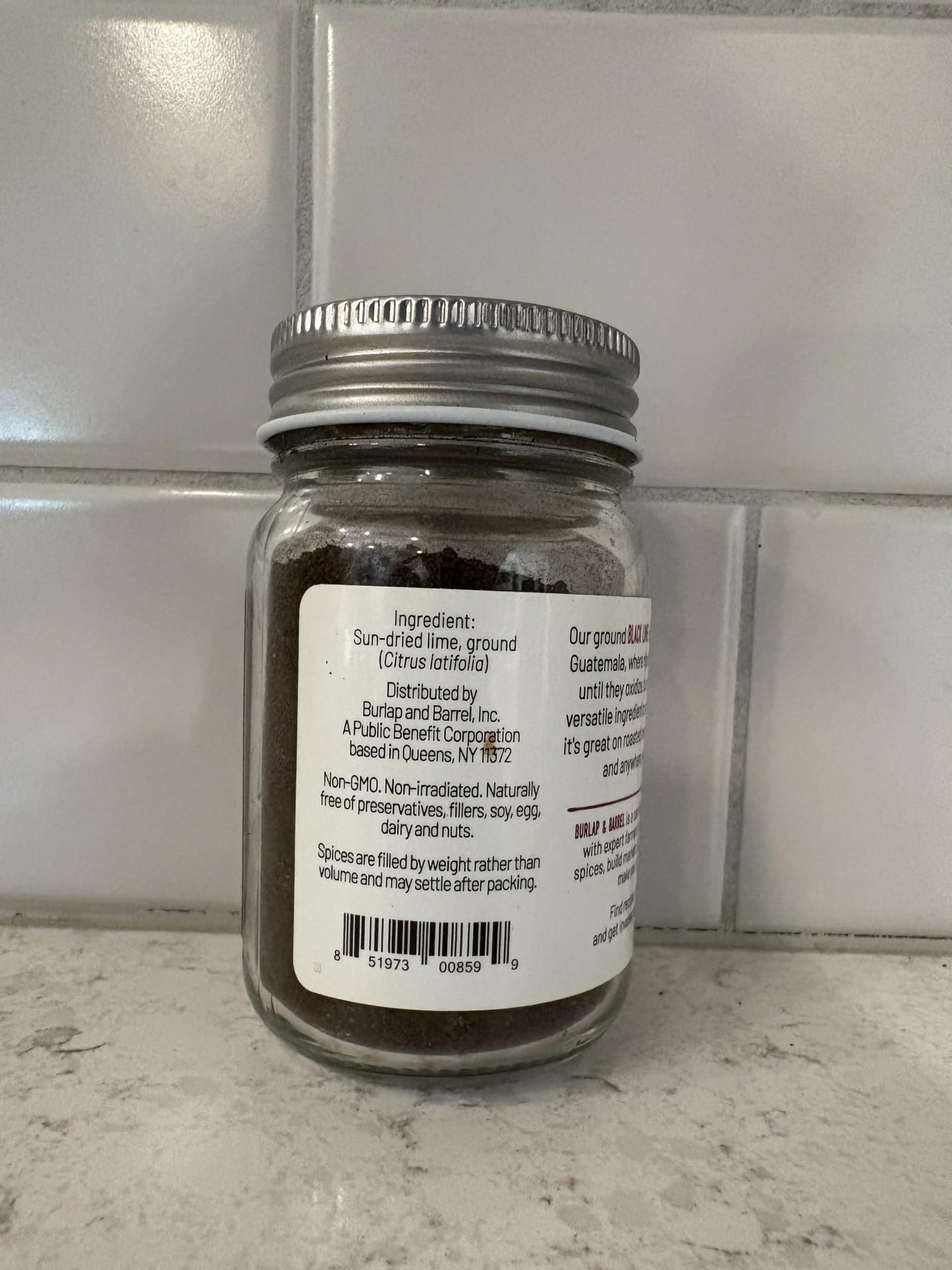 Burlap & Barrel Burlap & Barrel - Ground Black Lime - As seen on Shark Tank! Tart and Savory Great for Roasted Meats, Veggies, Stews, Kebabs - Great Alternative to Makrut Leaf in Recipies - 2.8oz Glass Jar