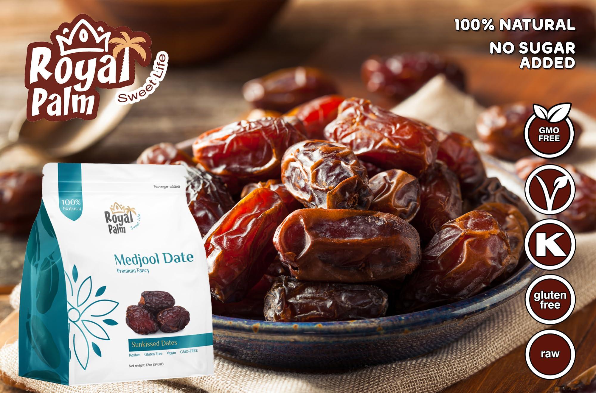 Royal Palm Premium Medjool Dates by Royal Palm 12oz Bag of Pitted Jumbo Dates Natural Sweetener and Fresh Dried Fruit Healthy Vegan Snack & Natural Energy Boost Non-GMO, Kosher Premium Date Fruit