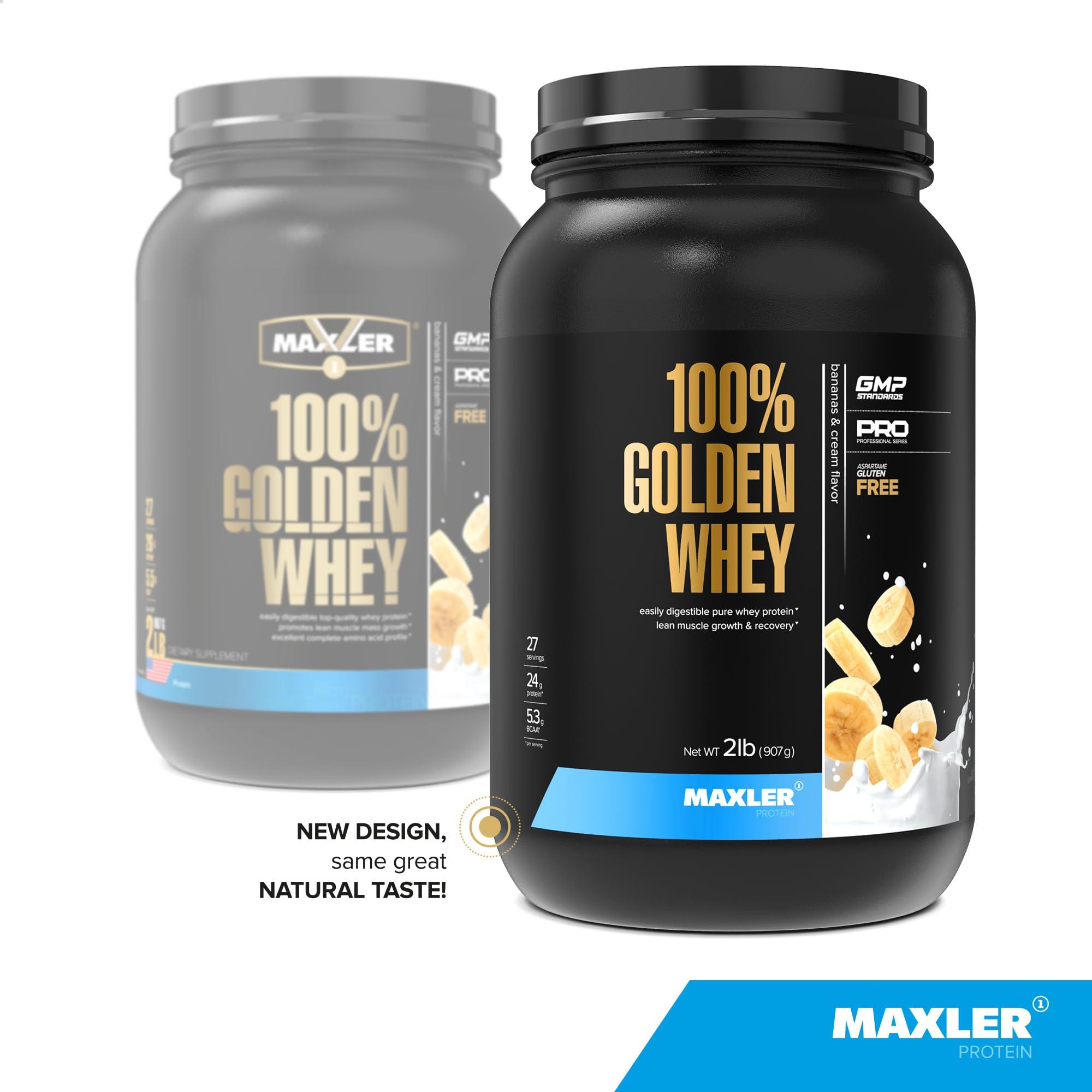 Maxler Maxler 100% Golden Whey Protein - 24g of Protein per Serving - Premium Whey Protein Powder for Pre Post Workout - Fast-Absorbing Whey Concentrate, Isolate & Hydrolysate Blend - Bananas & Cream 2 lb