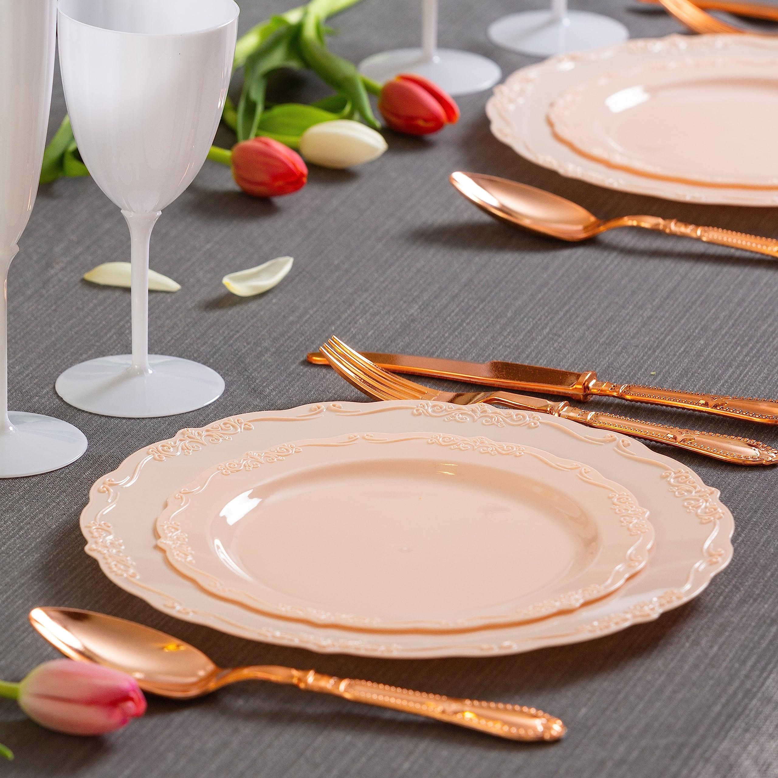 Posh Setting Posh Setting Disposable Plastic Plates Set - Heavy Duty Vintage Plastic Plates, 60 Pack Vintage Disposable Dinnerware Sets with 30 Appetizer Plates & 30 Plastic Dinner Plates for Wedding, Pink/Blush