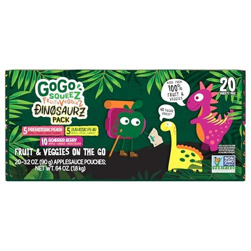GoGo SqueeZ GoGo squeeZ Fruit & veggieZ Applesauce and Puree Variety Pack, Jurassic Pear, Roarrrr Berry & Prehistoric Peach, 3.2 oz (Pack of 20), Unsweetened Snacks for Kids, BPA Free Pouches