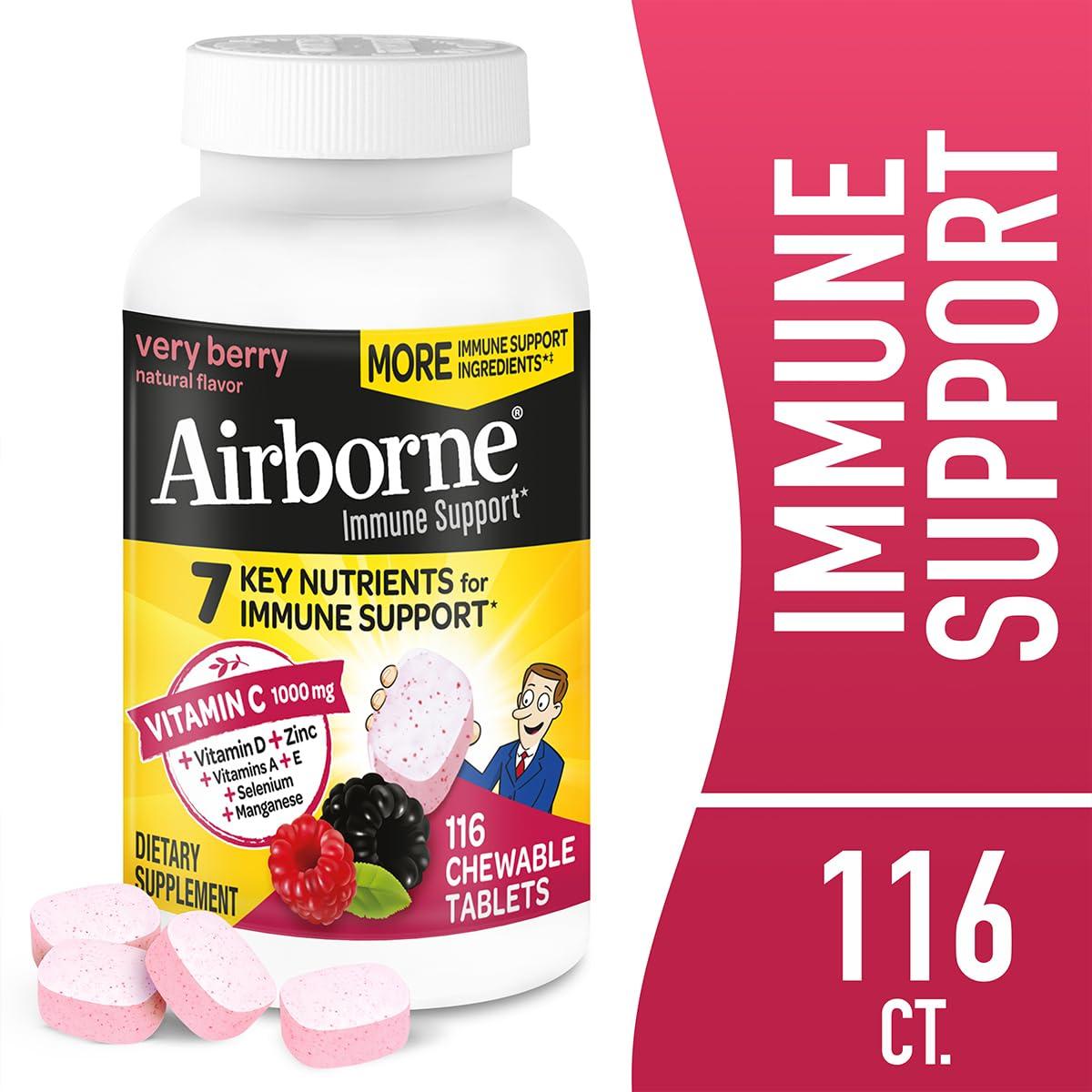 Airborne Airborne 1000mg Vitamin C + Zinc Immune Support Supplement Chewable Tablets, Very Berry Flavor with Powerful Antioxidants Vitamins A C & E, 116 Chewable Tablets (2 Pack)