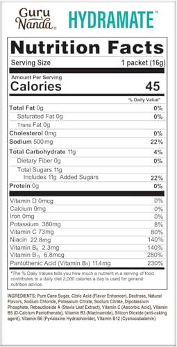 GuruNanda GuruNanda Hydramate Hydration Support Drink Mix - Electrolyte Powder Packets for Dehydration, Exercise & Energy - No Added Sweeteners, Non-GMO, Natural Lemon Lime Flavor - 12 Count (0.56 oz Each)
