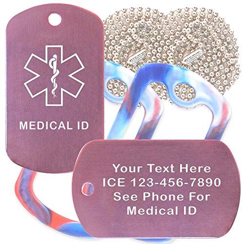 Goods For Giving Custom 2 Pack - Medical Id Medical Alert ID Necklaces with Pink Custom Tags, Red/White/Blue Silencers, and 30'' USA Chains