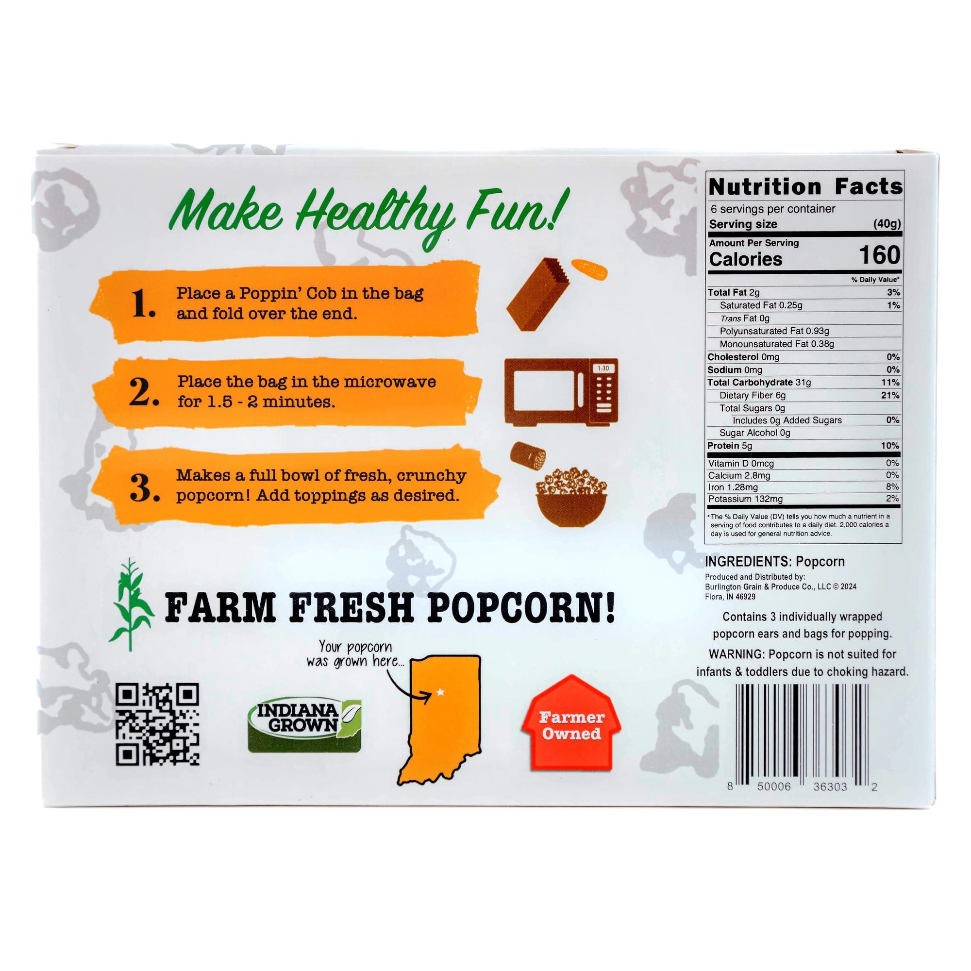 Poppin' Cobs Microwave Popcorn on the Cob - Pops off the Cob | Poppin\' Cobs Popcorn | Individually Wrapped Popcorn Cobs with 3 Bags For Popping | Single Ingredient | Gluten Free | Non-GMO | Single Harvest | Farm Fresh | Farmer Owned