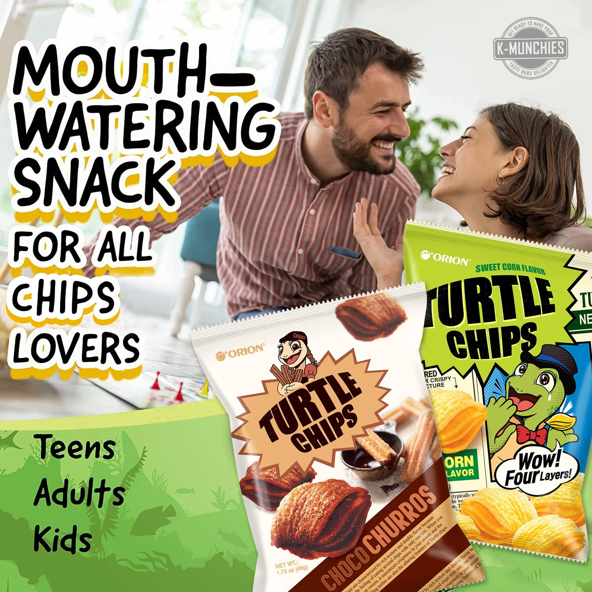 K-Munchies K-Munchies Orion Turtle Chips - 6 Variety Packs, 49g - Churro Chips (3), and Sweet Corn Chips (3) Flavors - Snack Size Korean Chips - Savory, Crispy Korean Snacks - On-The-Go Korean Corn Snack Chips