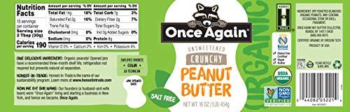 Once Again Once Again Organic Crunchy Peanut Butter, 16oz - Salt Free, Unsweetened - USDA Organic, Gluten Free Certified, Vegan, Kosher - Glass Jar