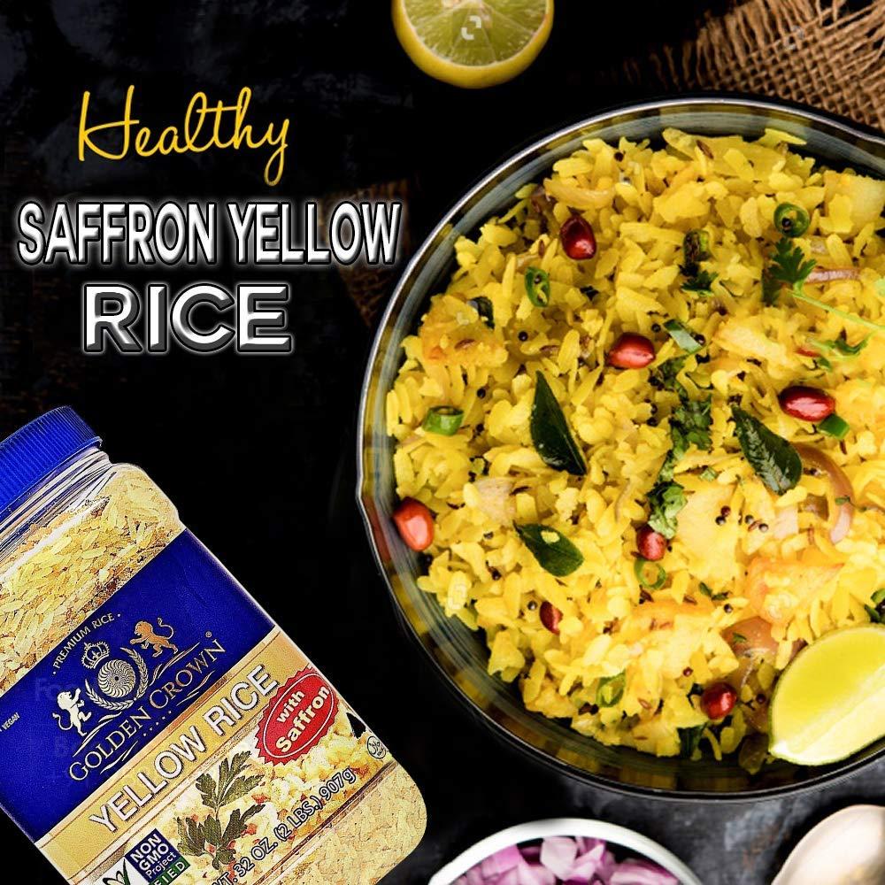 Golden Golden Crown Premium Saffron Yellow Rice, Healthy and Nutritious Non-GMO Verified, Naturally Aged Low in Fat 100% Authentic Halal Long Grains - 32 oz (2LB)