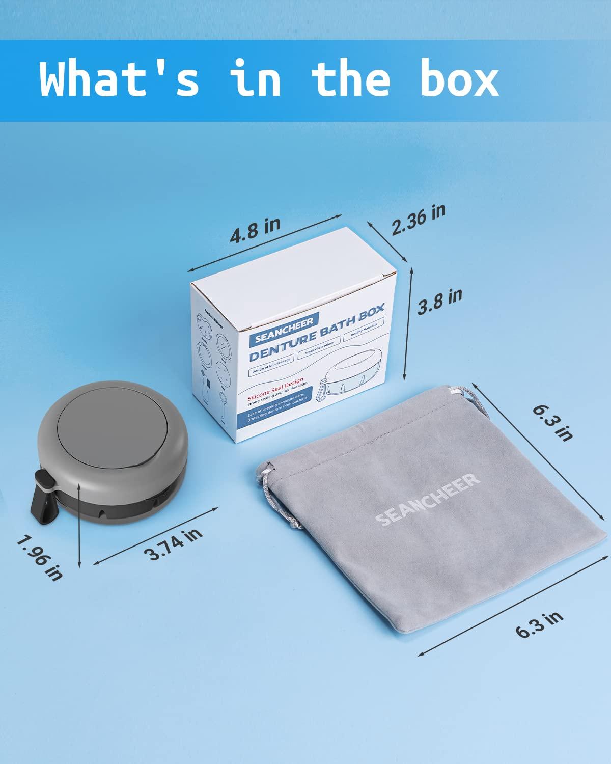 SEANCHEER Denture Bath Case, Denture Cup, Leak Proof Portable Retainer Case, Denture Cleaning Kit with Cleaner Brush, Denture Box with Strainer & Mirror, Denture Case for Aligner Retainer Mouth Guard