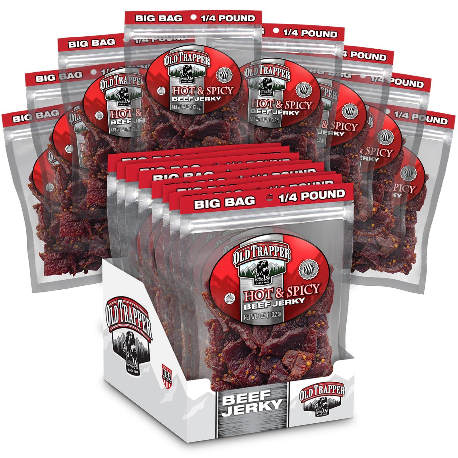 Old Trapper Old Trapper Beef Jerky, Hot & Spicy 1/4-Pound Individual Package, Savory and Spicy Meat Snacks for Lunches or Between Meals, 11 Grams of Protein and 70 Calories per Serving (Pack of 8)