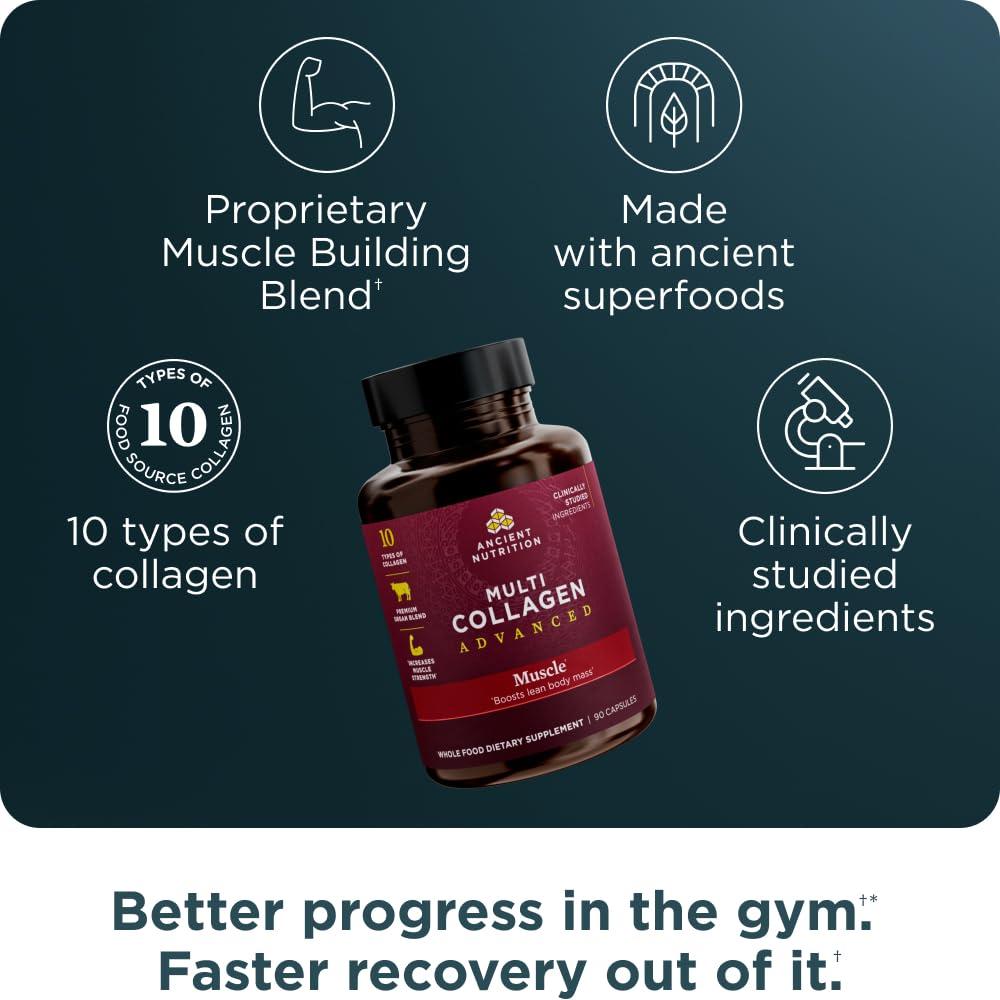 Ancient Nutrition Ancient Nutrition Multi Collagen Advanced Capsules, Muscle, 90 Count + Multi Collagen Protein Powder, Unflavored, 45 Servings