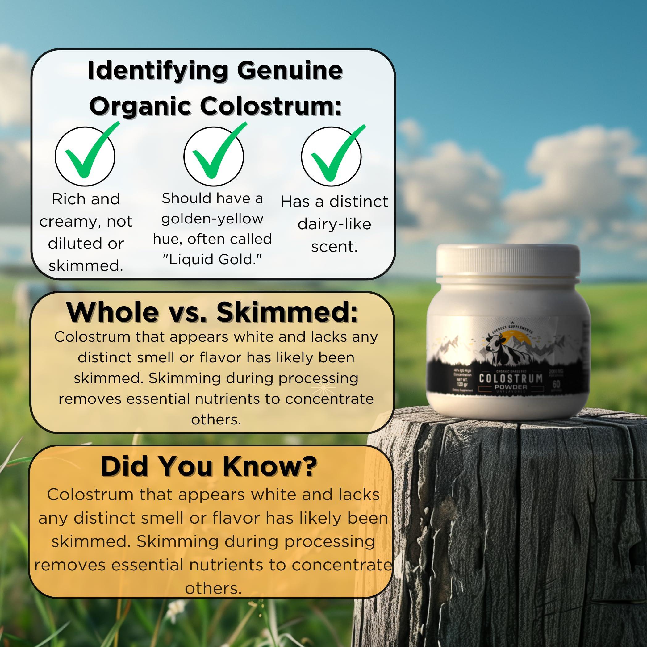 Everest Supplements Organic Colostrum Powder for Gut Health - 40% IgG, 100% Pure Grass Fed Powder for Hair Growth, Beauty, and Immune, Easy to Mix, High Concentration, Unflavored (60 Servings)