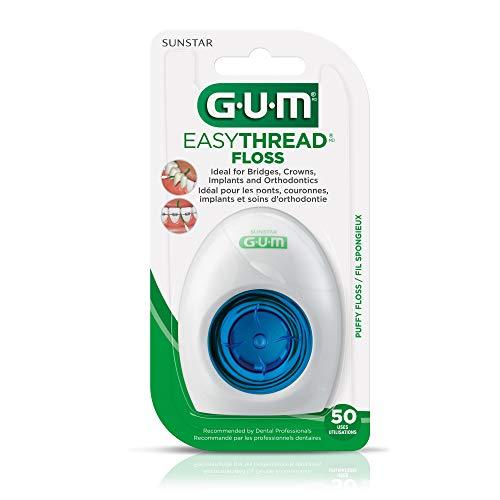 GUM GUM EasyThread Threader Floss - Expanding Dental Floss for Braces, Bridges, and Implants - Built in Rigid Floss Threaders (50 Uses)