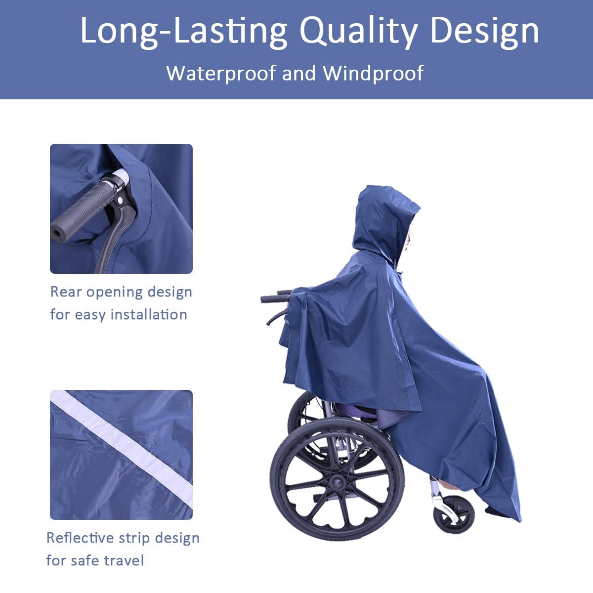Fonakei Fonakei Wheelchair Poncho Wheelchair Covers Waterproof with Reflective Strips Rain Ponchos for Adults Reusable, Adjustable Hood,Secure Buckle Straps Black Electric Wheelchair Accessories (Navy Blue)