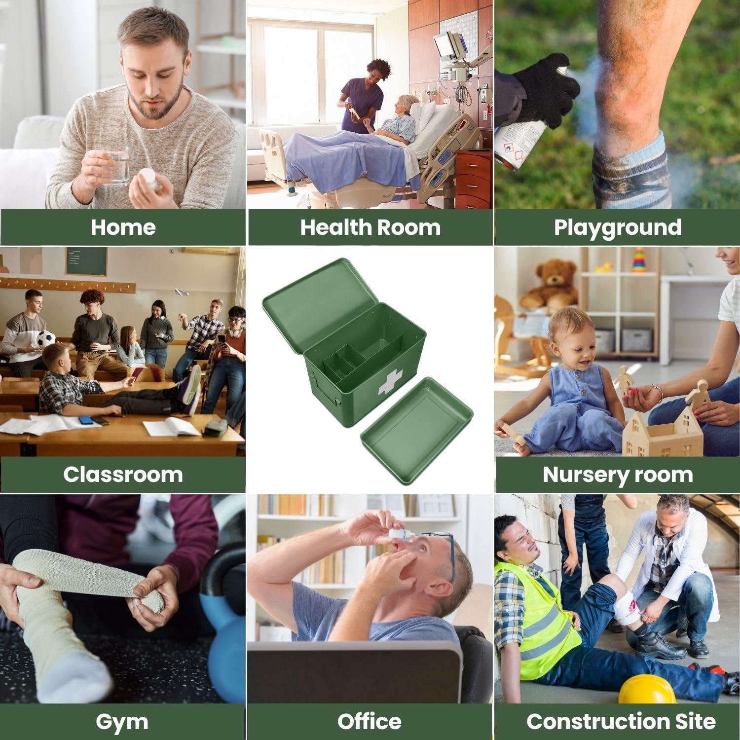 Flexzion Flexzion First Aid Box Organizer - Empty 13\" Green Vintage First Aid Kit Tin Metal Medical Box - First Aid Storage Box Container Bins with Dividers, Removable Tray and White Cross Logo