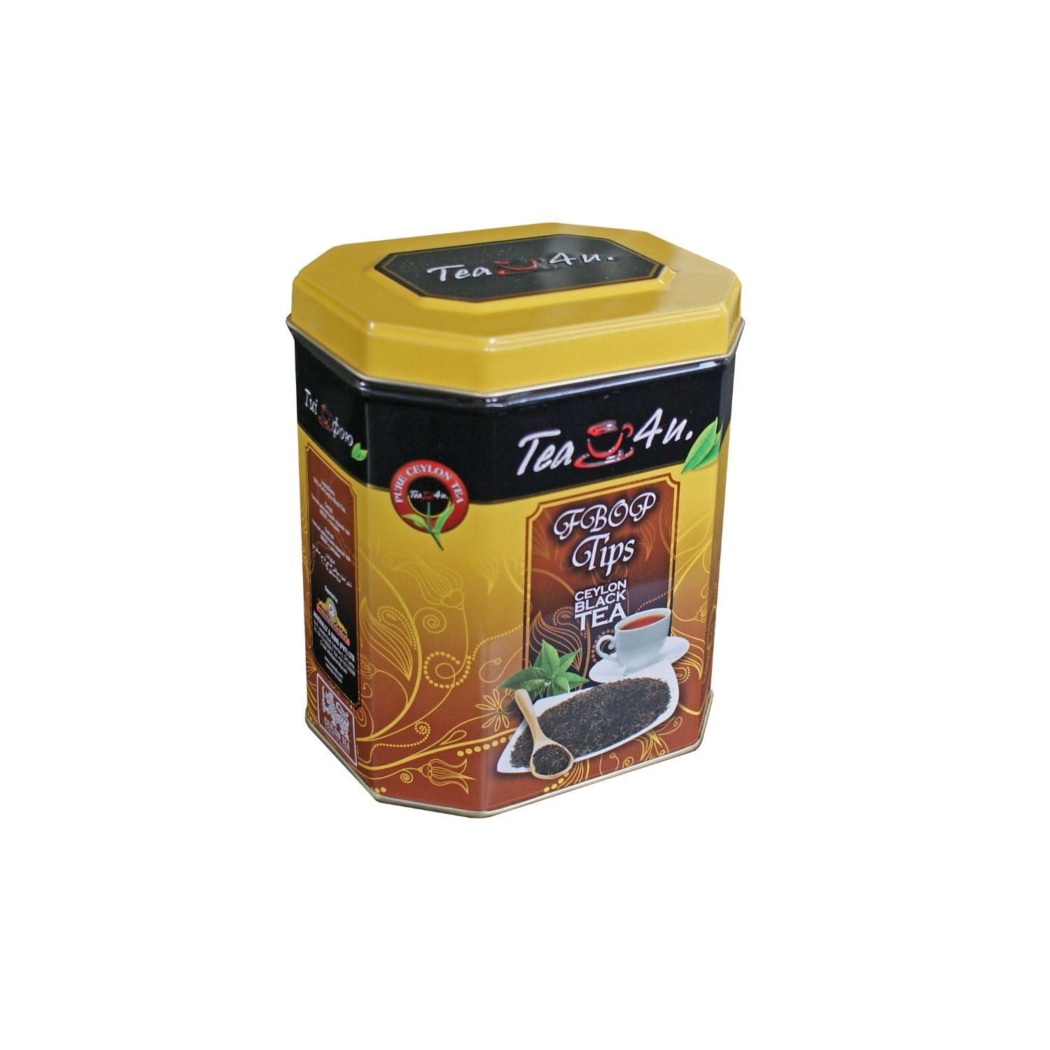 TEA 4U. BY ANVERALLY Tea4U FBOP Tips Loose Black Ceylon Tea, Fresh Handpicked Leaves with Metal Canister