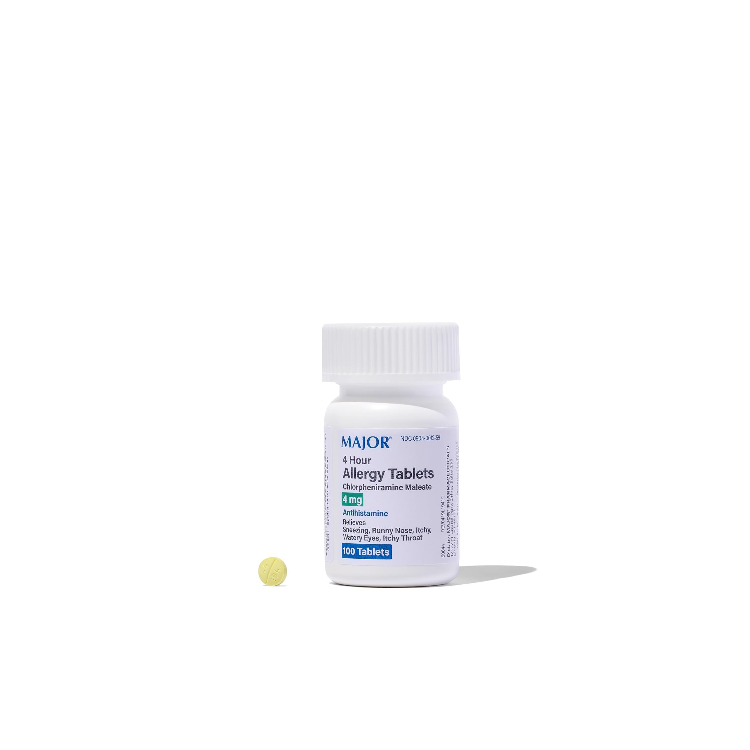 MAJOR Major Chlorpheniramine 4 Mg Tabs - Chlorpheniramine Maleate 4-Hour Allergy Medicine Tablets - Antihistamine for Sneezing, Itchy and Watery Eyes, Itchy Throat, Runny Nose - 100 Tablets per Bottle