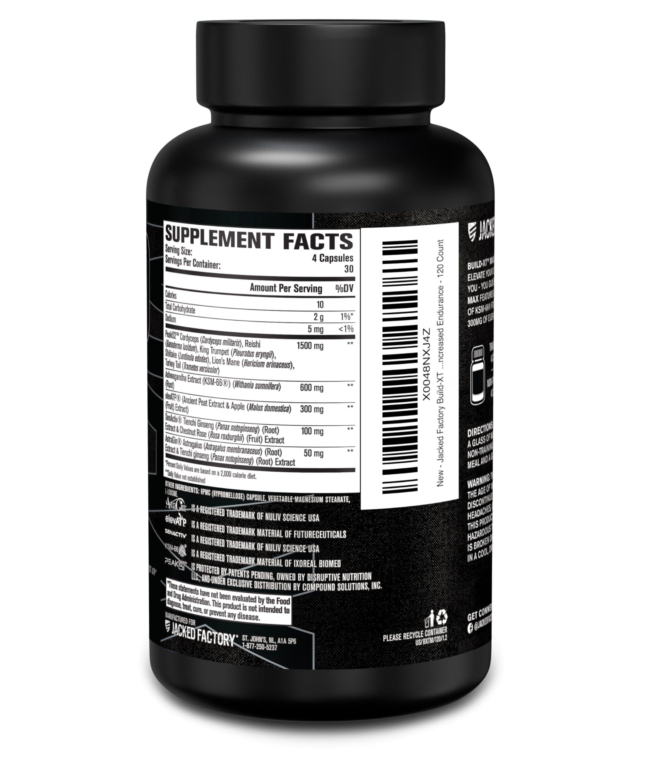 Jacked Factory Jacked Factory Build-XT Max Muscle Builder for Men and Women - ATP Supplement with Peak02 Cordyceps, KSM-66 Ashwagandha, & ElevATP for Muscle Recovery, Muscle Growth, Increased Endurance - 120 Count