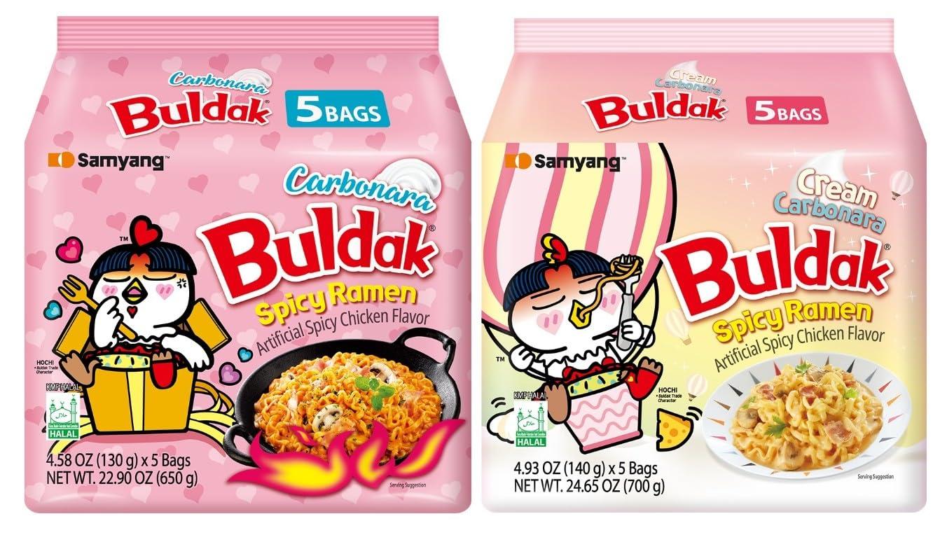 KF GOODIES Samyang Buldak Hot Spicy Chicken Ramen Noodle Korean Stir-Fried Ramen, Carbonara & Cream Carbonara Flavor (5 Pack Per Flavor - Carbonara & Cream Carbonara)