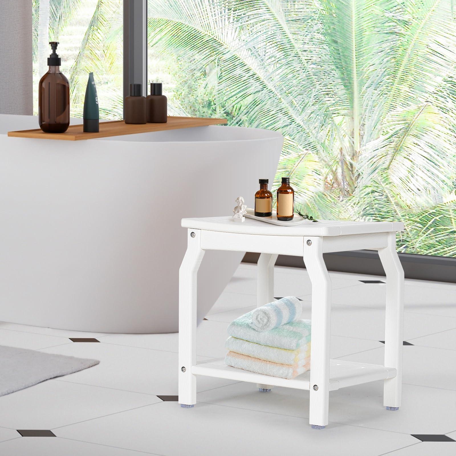LOENIY LOENIY 2-Tier HDPE Shower Bench with Non-Slip Foot Pads, Wood-Like Spa Shower Stool for Inside Shower, Ergonomic Water-Proof Bathroom Bench Seat with Storage Shelf, for Seniors & Adults (White)