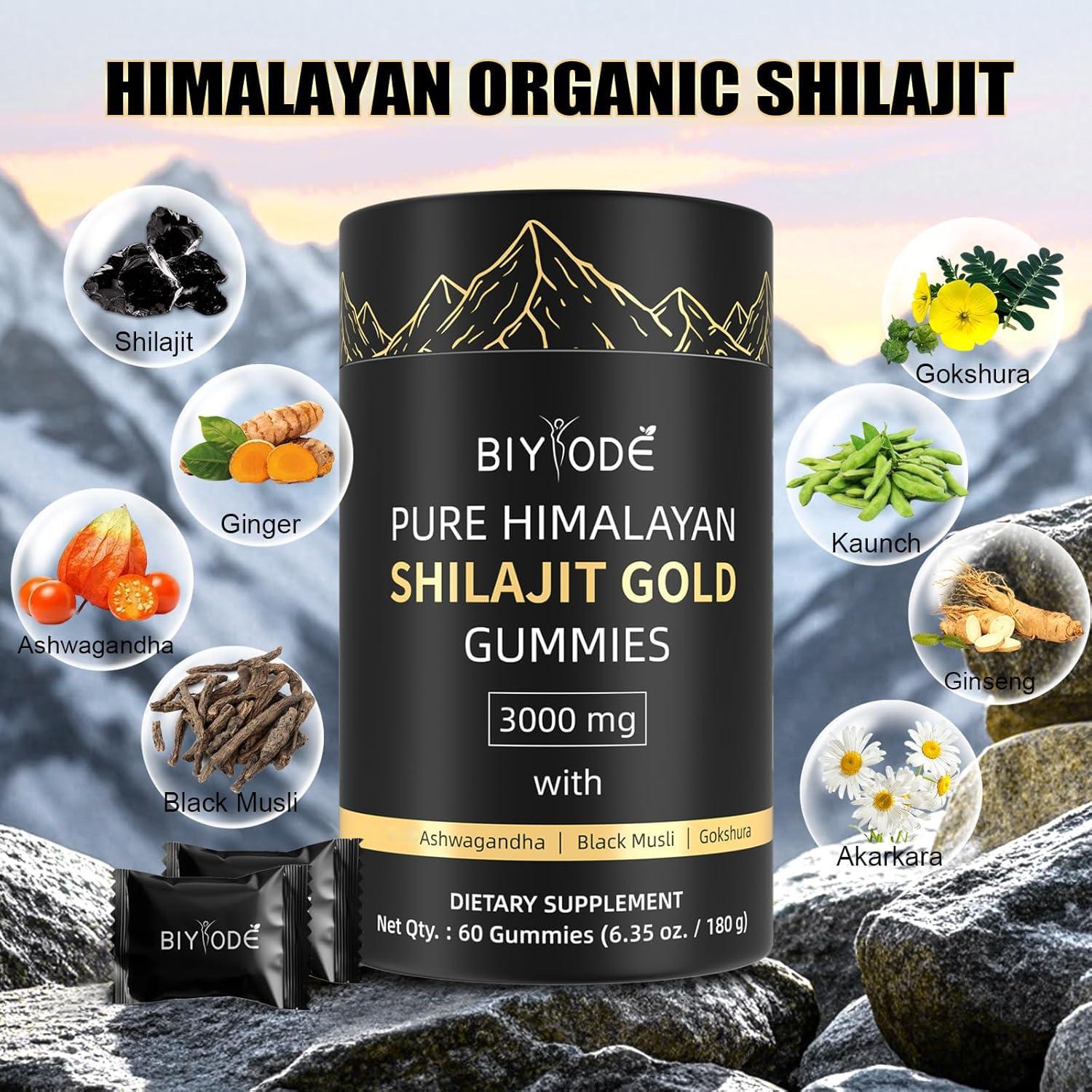 BIYODE BIYODE Shilajit Gummies: Pure Shilajit Himalayan Rich in Ashwagandha Gaulshura Fulvic Acid 85 Micronutrients Suitable for Men and Women No Added Sugar Non-GMO 100% Natural Organic 60 Gummies