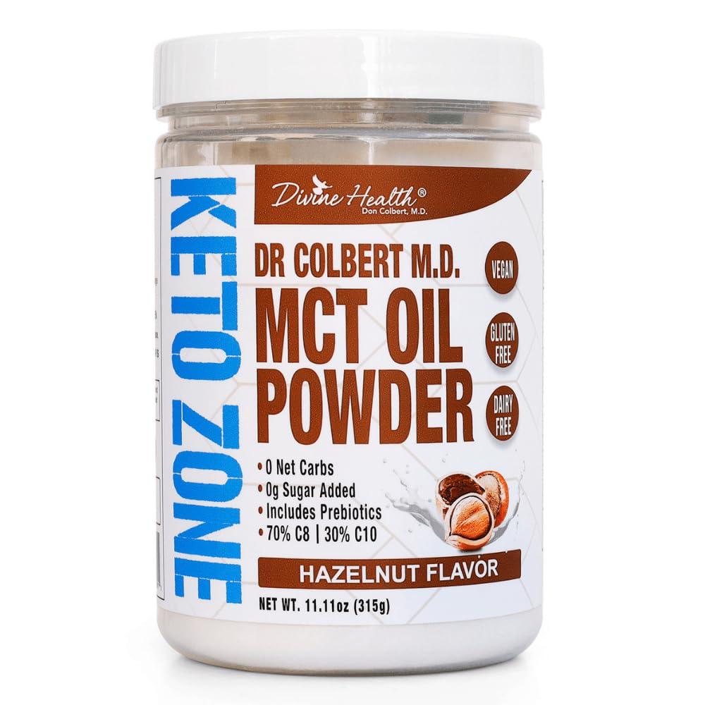Divine Health Dr. Colbert MD MCT Oil Powder | Hazelnut Flavor | by Divine Health | Recommended in The Keto Zone Diet book | 70% C8 | 30% C10 | 0 Net Carbs | Alternative to Coffee Creamer | 315g