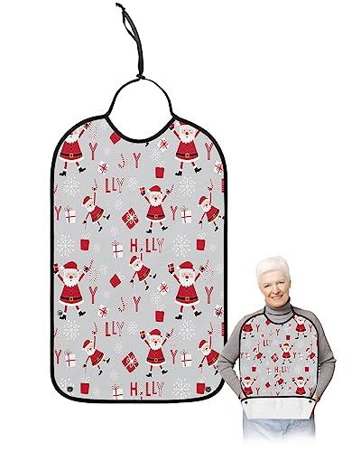 Sabolny Christmas Adult Bib for Eating with Crumb Catcher,Washable & Waterproof Terry Cloth Adjustable Elderly Women Men Adult Bibs Funny Clothing Protector Santa Snowflake Winter Xmas Gift Grey Red White