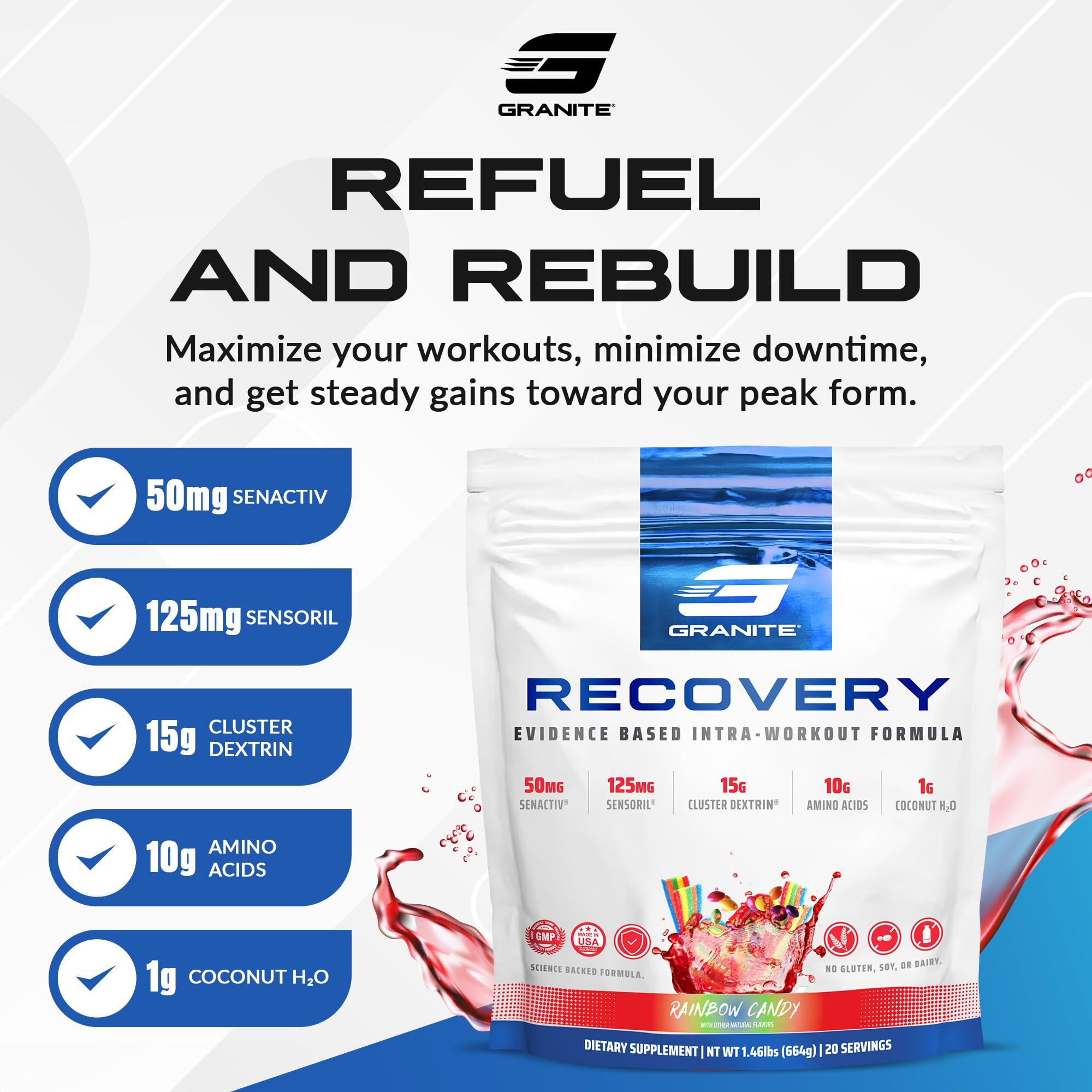 Granite Supplements Granite Recovery Intra and Post-Workout Supplement, Rainbow Candy Flavor, with 10g Aminos, Electrolytes, Cluster Dextrin, & Sensoril, Supports Muscle Recovery & Growth (20 Servings)