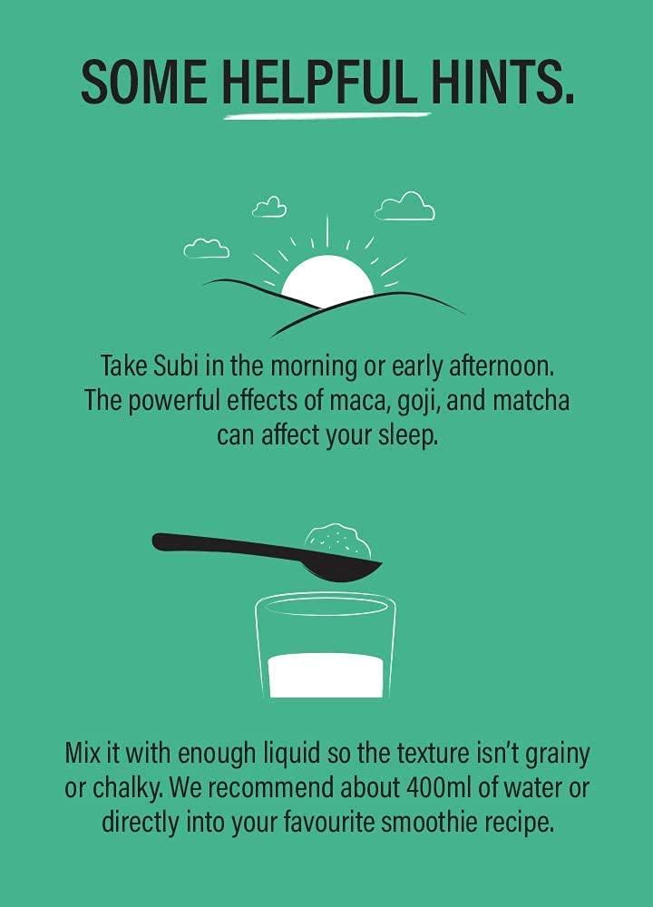 SUBI SUBI Best Green Superfood NOT Flavoured Vegetable and Daily Greens Replacement Raw Ingredients: Matcha, Kale, Barley Grass, Spirulina, Acai, Goji Berry + More Morning Energy Booster 40 Day Supply