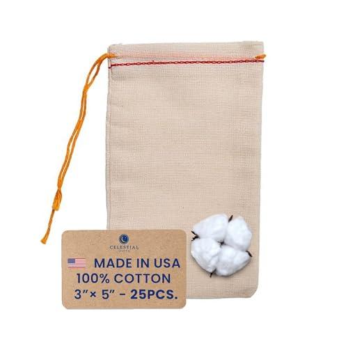 Celestial Gifts Celestial Gifts Muslin Bags - Drawstring Bags Small 25pcs - 3x5, Reusable Tea Bags, Jewelry Gift, Spice and Cotton Gift Sachet Bags - 100% Cotton - Made in USA - (Red Hem & Orange Drawstring)